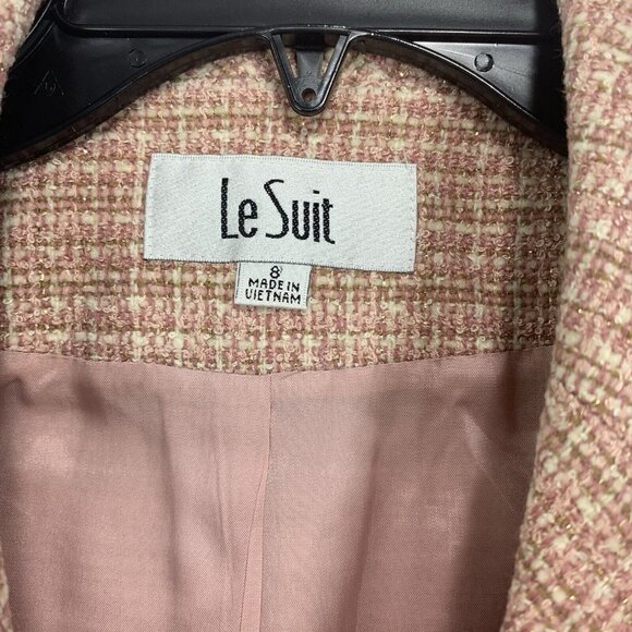 Le Suit 2 Piece Tweed Pastel Pink Tan Gold Accents Jacket & Skirt Suit Set Sz 8 - Picture 10 of 12